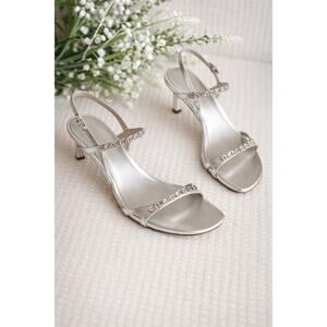 Stuart Weitzman Silver Crystal Strap Heels Sandals Size 10 Rhinestone Evening